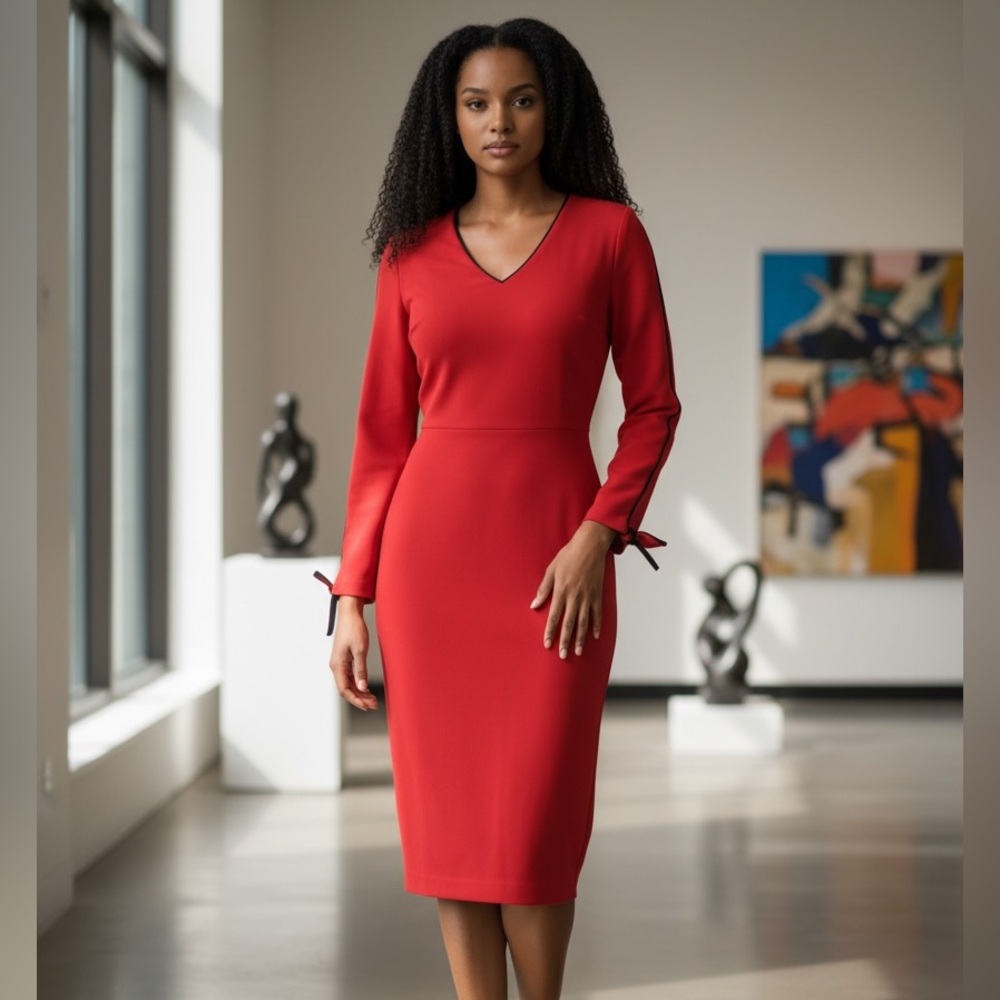 Andrew Marc Red Long Sleeve Dress w black trim